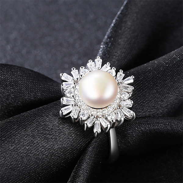 Pearl Charm Flower Rings 925 Sterling Silver Adjustable Pearl Rings Elegant Ringlet for Women wedding rings Christmas gift