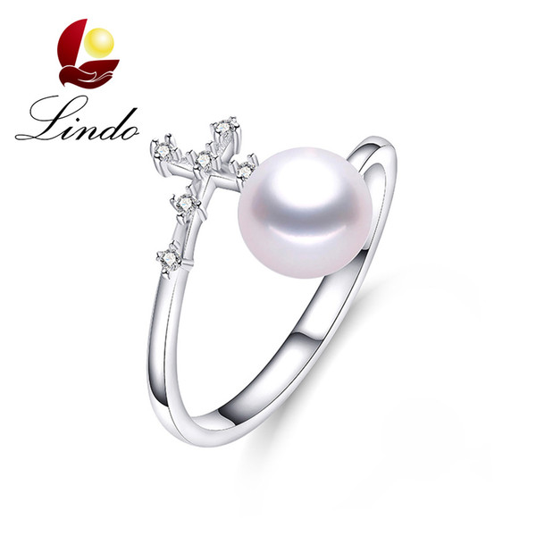 Fine Jewelry 925 Sterling Silver Rings Elegant 5A Real Freshwater Pearl Cross Ring Wedding with Gift Box