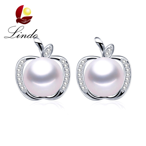 Cute Apple 925 Sterling Silver Stud Earrings 4 Colors 5A High Luster Genuine Natural Freshwater Pearl Jewelry