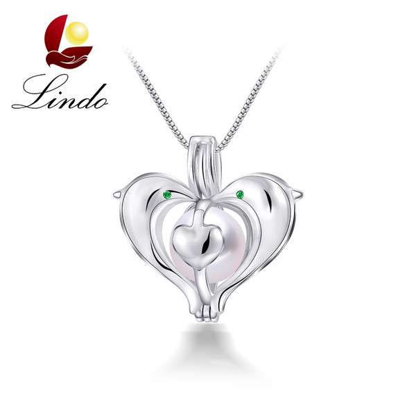 Love Heart Dolphin Cage Pendant Necklace 925 Sterling Silver Jewelry Gift for Lover Genuine Pearl Necklace with Gift Box