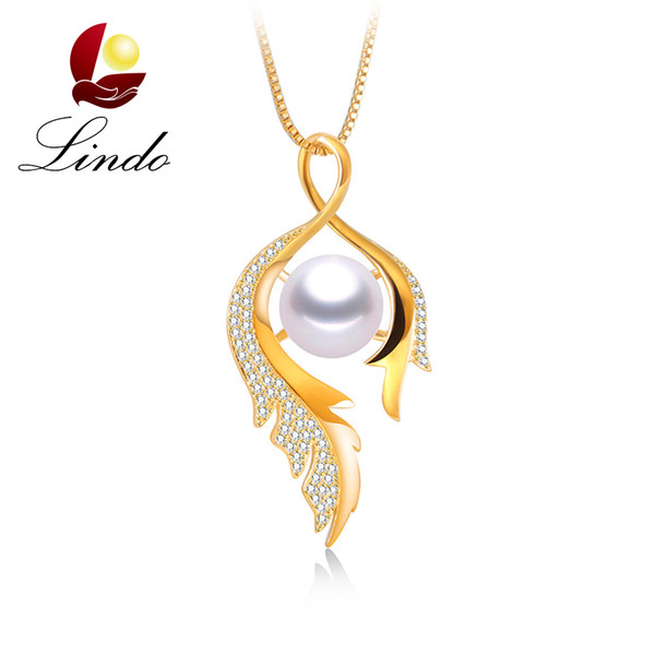 4 Colors  Top Quality Natural Freshwater Pearl Fine Jewelry Trendy 925 Sterling Silver Feather Pendant Necklace with Gift Box