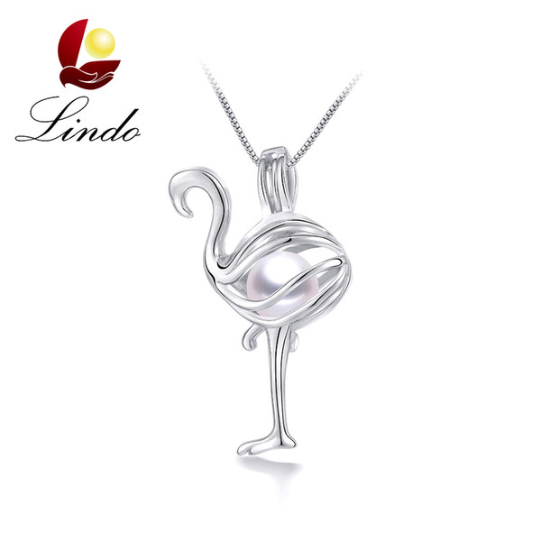 Fashion Flamingo Cage Pendant Trendy 925 Sterling Silver Pendant Necklace 5A Genuine Pearl Jewelry with Gift Box