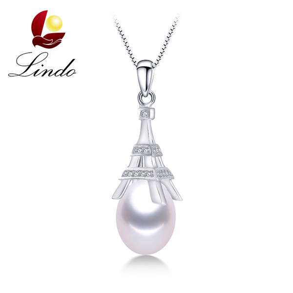 Unique Design Eiffel Tower  Genuine Pearl Pendant Necklace 925 Sterling Silver Jewelry with Gift Box