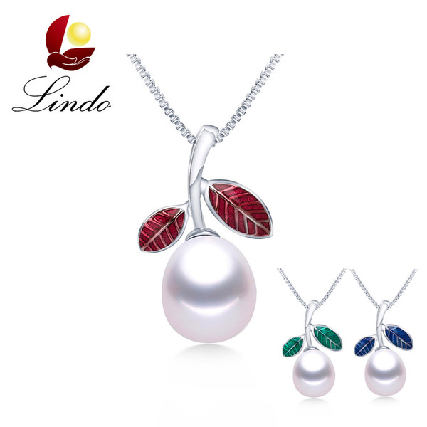 Fashion Design 4 Colors  Genuine Pearl Jewelry 925 Sterling Silver Leaf Pendant Necklace with Gift Box