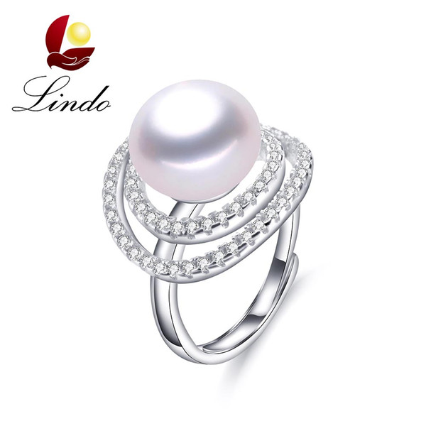 Luxury 5A High Luster Big Size Real Freshwater Pearl Ring Fashion 925 Sterling Silver Zircon Jewelry with Gift Box