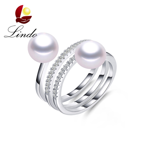 Fashion High Luster Double Natural Pearl Jewelry Elegant S925 Sterling Silver Multiple Layers Ring with Gift Box