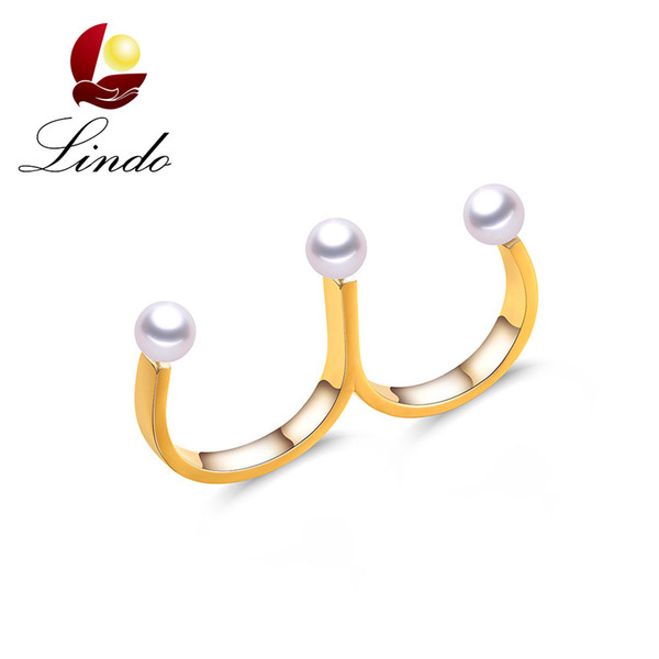 Fashion Design 925 Sterling Silver Double Rings Elegant Perfectly Round Natural Pearl Jewelry with Gift Box