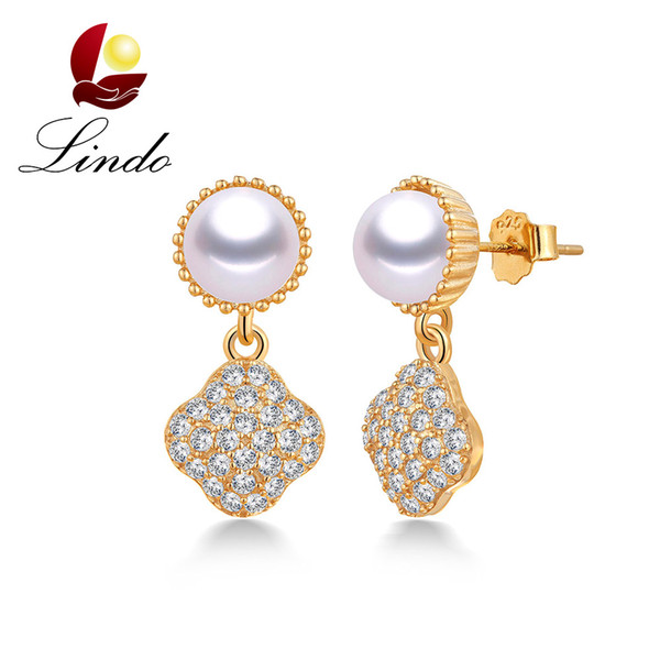 Party Luxury Crystal Gold Color Drop Earrings For Women Solid Silver 5A Natural Freshwater Pearl Jewelry Anti Allergy