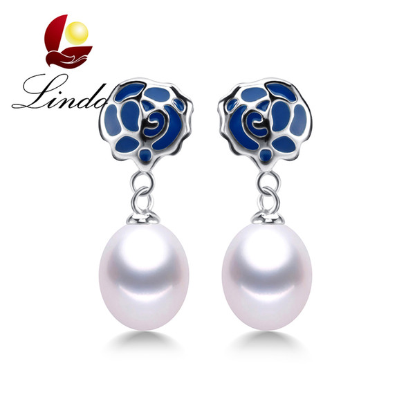 New Arrival Blue Rose Flower Design 925 Sterling Silver Drop Earrings 5A Natural Freshwater Pearl Jewelry with Gift Box