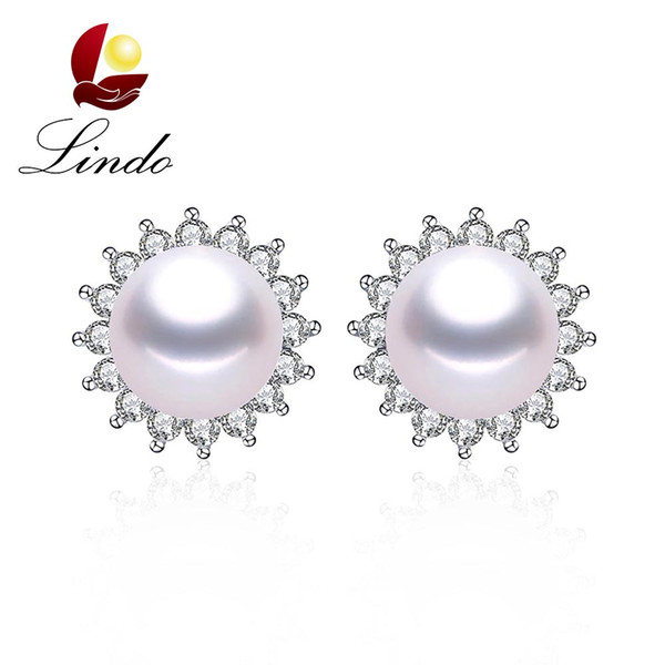 Fashion 5A Natural Freshwater Pearl Stud Earrings Women Elegant Crystal 925 Sterling Silver Jewelry 8-9mm White Pearl