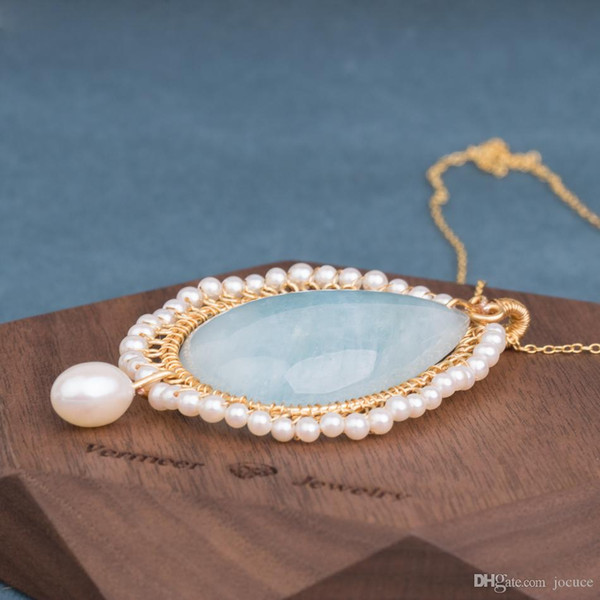 New Handmade Golden Line Aquamarine Necklaces with Water Droplet Shape Freshwater Pearl necklace for woman Elegant Jewelry