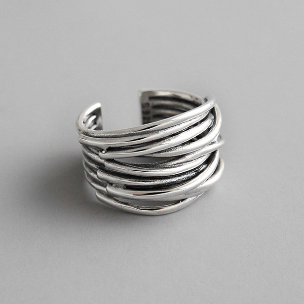Authentic 925 Sterling Silver Multilayer Wrap Open Rings For Women New Vintage Female Adjustable Statement Ring