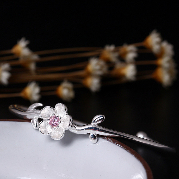 Sterling Silver 925 Jewelry New Ethnic Blooming Flower Cuff Bangle For Women Classic Handmade Fine Jewelry Open Bangles