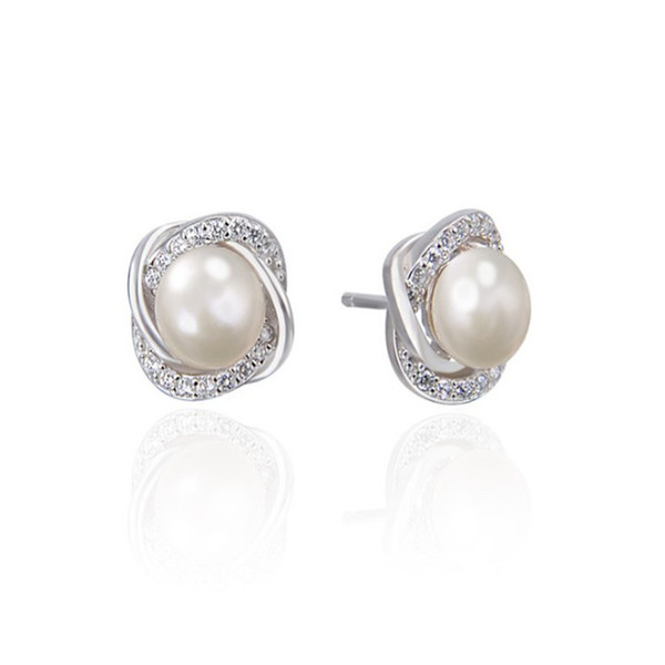 Authentic 925 Sterling Silver 6MM Freshwater Pearl Earrings For Women Girls Gift Wedding Bride CZ Zircon Stud Earring