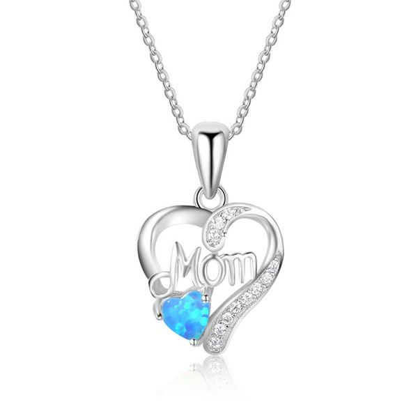 Sterling Silver 925 Jewelry Double Hearts Pendant&Necklaces Genuine 925 Sterling Silver White Blue Opal Heart Mom Pendant Necklace