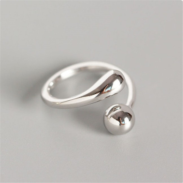 New Simple 925 Sterling Silver Minimalist Smooth Surface Waterdrop Round Bead Open Rings For Women Statement Ring