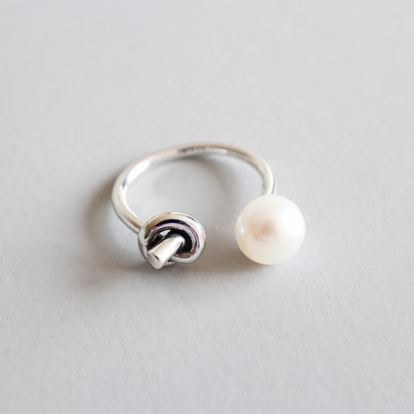 New Fashion Natural Freshwater Pearl Rings For Women Authentic 925 Sterling Silver Single Knot Open Ring Female Adjustable Ring