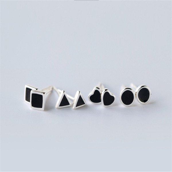 925 Sterling Silver Earrings Men Women Black Enamel Geometric Tiny Stud Earring Fashion Round Square Heart Triangle Earring Lovers Gifts AL