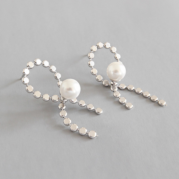 925 Sterling Silver Jewelry New Simple Bow-tied Flat Beads Dangle Drop Earrings 925 Sterling Silver Pearl Earring For Women Girls