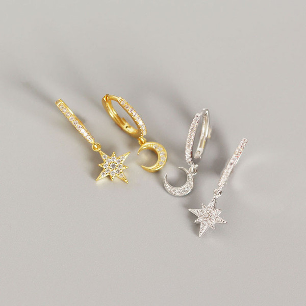 New Classic 925 Sterling Silver Asymmetric Moon Star Dangle Earrings For Women Fashion CZ Zircon Earring