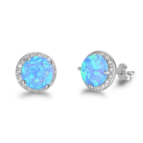 New Simple 925 Sterling Silver Stud Earrings Round Blue Fire Opal Earrings with Cubic Zirconia Wedding Jewelry Gift