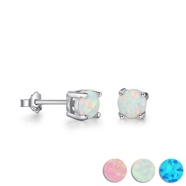 Sterling Silver 925 Jewelry Round Created Blue Pink White Opal Earrings for Women 925 Sterling Silver Stud Earrings