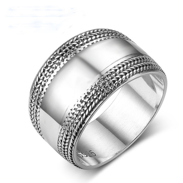 100% 925 Sterling Silver Rings for Women Vintage Silver Wide Wedding Bands Edge Wave Lace Braided Rings Size 6 7 8