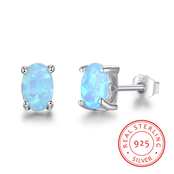 100% 925 Sterling Silver Stud Earrings New Fashion 4mm Oval Blue Fire Opal Earrings Fine Jewelry For Women