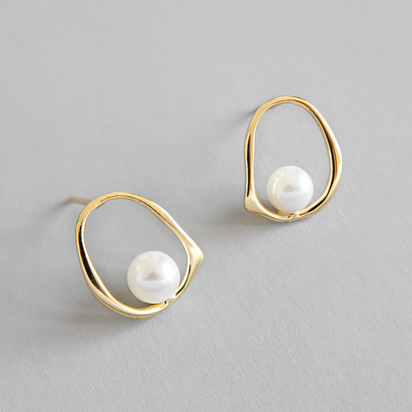 100% 925 Sterling Silver Hollow Irregular Geometric Circle Pearl Stud Earrings For Women New Wedding Party Gifts 18k Gold Color