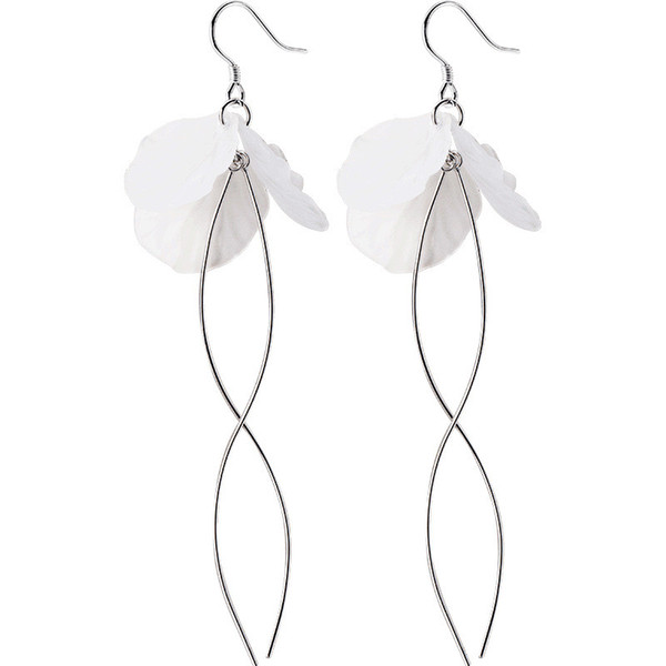 New Cute 925 Sterling Silver White Shell Petal Flower Earrings Long Geometric Wave Dangle Drop Earrings For Women