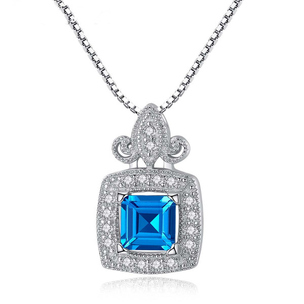 Big Stone Luxury Women's 925 Sterling Silver Fine Jewelry 6*6mm Princess Cut London Blue Topaz Pendant Necklace Drop Shipping