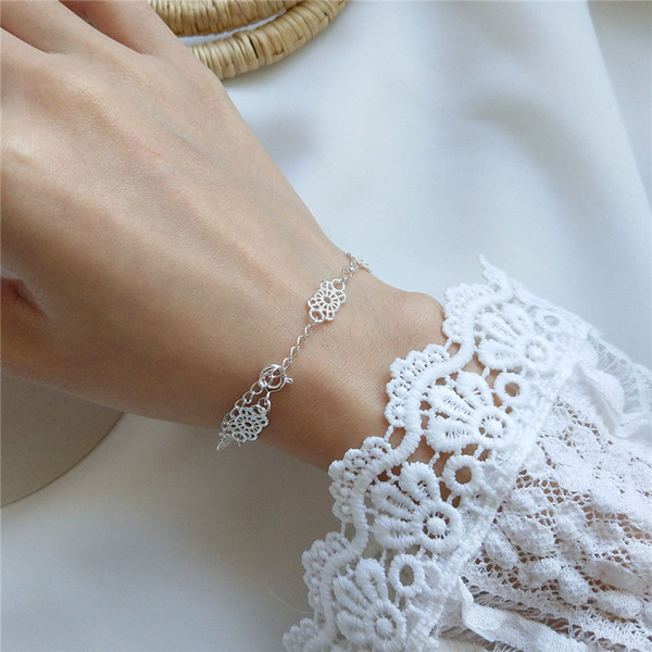 New Classic 100% 925 Sterling Silver Lace Bracelets&Bangles For Women Hollow Geometric Flower Bracelet Fine Jewelry