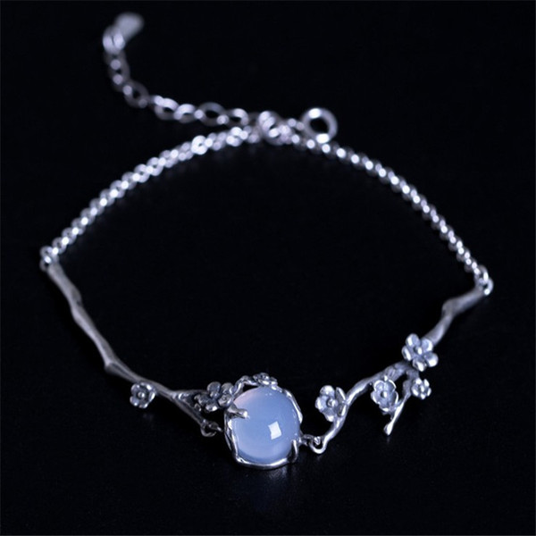 New Ethnic100% 925 Sterling Silver Plum Blossom Bracelets For Women Vintage Style Handmade Jade Bracelet Fine Jewelry