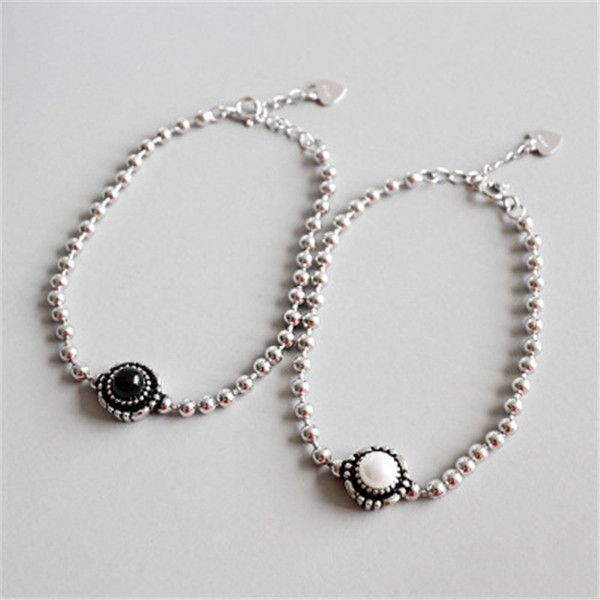 New Trendy Vintage 3mm Beads Chain Bracelets Women 925 Sterling Silver Freshwater Pearl And Black Agate Bracelet Wedding Jewelry Gifts