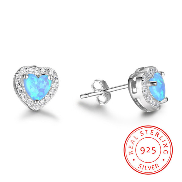 925 Sterling Silver Blue Creat Opal Heart Shape Stud Earrings Cubic Zirconia Earring Wedding Jewelry Mother Gift