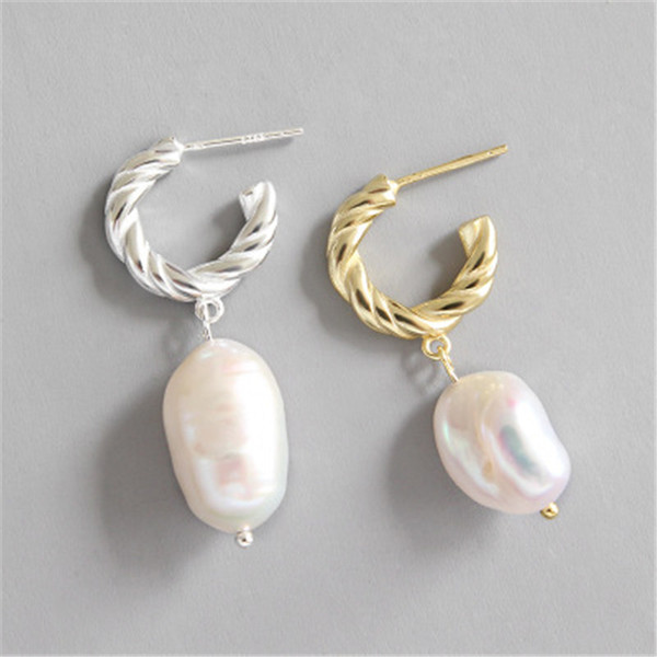 Pure 925 Sterling Silver Earring Baroque Freshwater Pearl Dangle Earrings Female Twist Irregular Pearl Drop Earrings