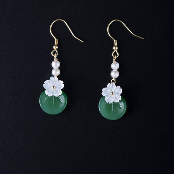 Sterling Silver 925 Jewelry New Handmade Natural Pearl Shell Cherry Flower Earrings Sweet Green Coloured Glazed Dangle Drop Earring