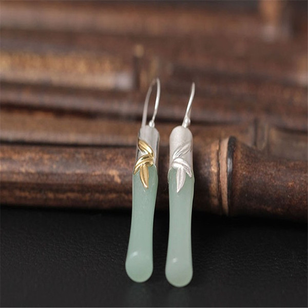 100% 925 Sterling Silver Bamboo Jade Dangle Earrings For Women Fashion Ethinic Handmade Gemstone Drop Earring