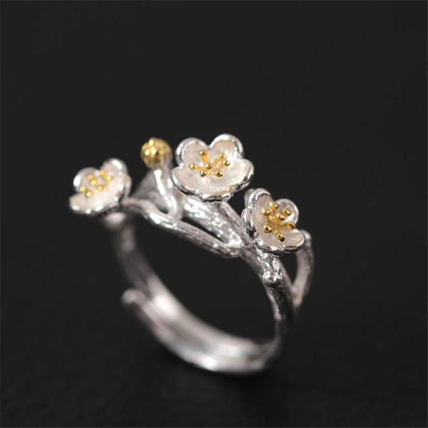 Authentic 925 Sterling Silver Rings For Women New Ethnic Handmade Flower Open Size Engagement Ring Female Fine Jewelry