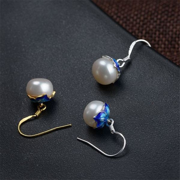 New Fashion Blue Enamel Flower Natural Freshwater Pearl Dangle Earrings For Women 100% 925 Sterling Silver Drop Earring