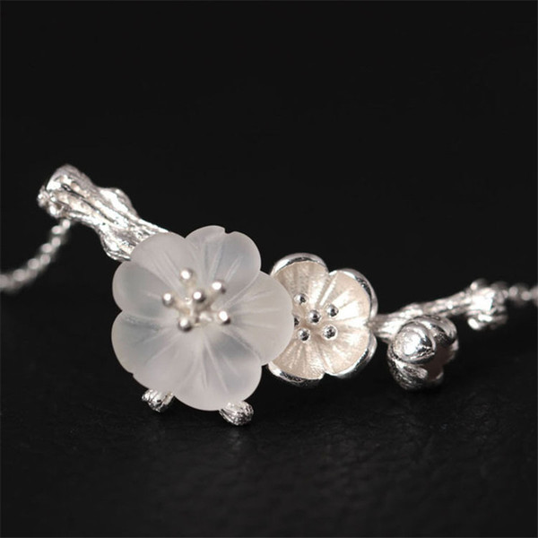 Fine Jewelry Authentic 925 Sterling Silver Crystal Raining Plum Flower Pendant Necklace For Women Elegant Silver Necklace Wedding Gifts