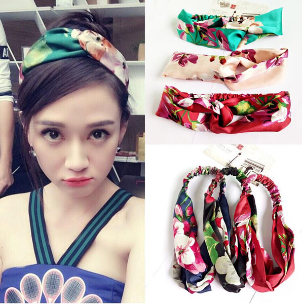 Silk Cross Headband Fashion Elastic Hair bands For Women Girl Retro Turban Headwraps Geranium flowers Headbands Fashion Headwear