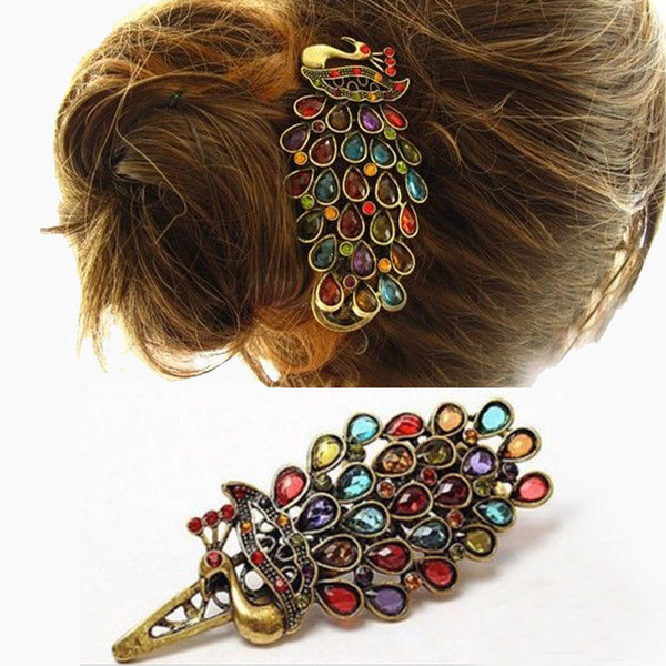 Women New Fashion Simple Vintage Women Colorful Crystal Rhinestones Peacock Hair Pin Hair Clip Gift