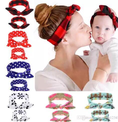 Mom baby Rabbit Ears Hair Headband Tie Bow Headwear Hoop Stretch Knot Bow Cotton Hair Bands Hair Accessories drop shipping 6 Colors