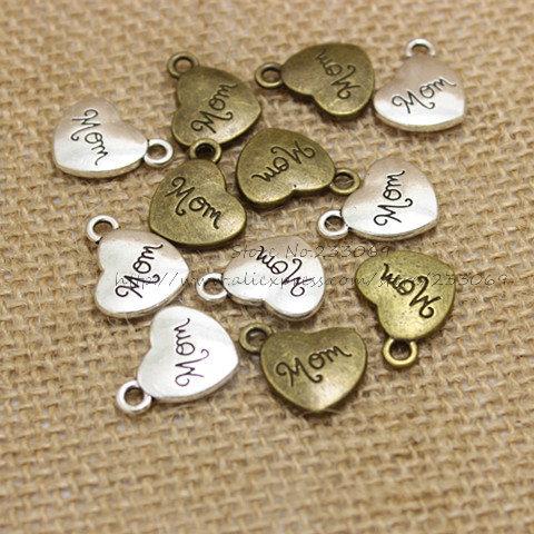 (30 pieces/lot) 14*17mm Antique Alloy Heart Engraving letters Mom Charm Jewelry Findings T0204