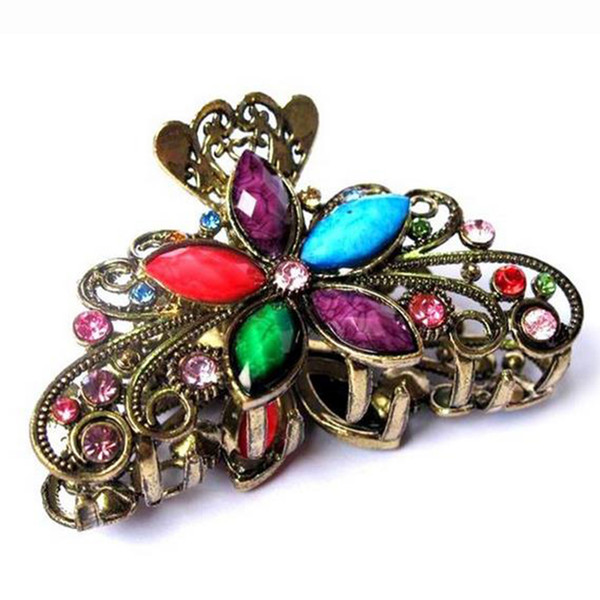 Retro Colorful Large Flower Hair Claw Women Headdress Hair Clips Hairpins Chinese Design Head Jewelry Antique Bronze Women Bijoux Crown