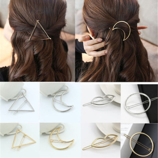 New Fashion Women Girls Gold/Silver Plated Metal Triangle Circle Moon Hair Clips Metal Circle Hairpins Holder Hair Accessories