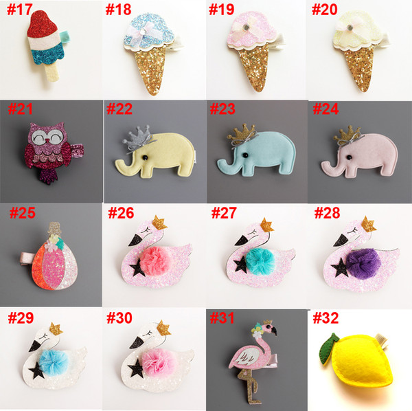 32 designs Girls Hair Clips Kids Hairpins Cute Felt Glitter Stars Unicorn Swan Dolphin Hair Barrettes Children Kids Hair Accessories