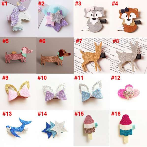 2017 New Fashion Girls Hair Clips Kids Hairpins Cute Felt Glitter Stars Unicorn Hair Barrettes Children Kids Hair Accessories