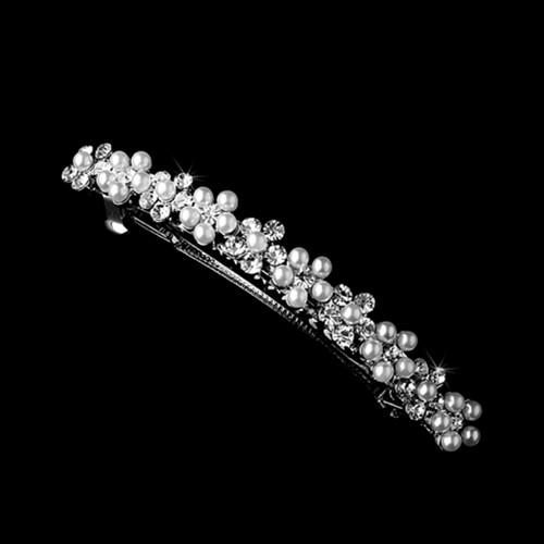 Free Shipping Wholesale 2.4 Inch Rhodium Silver White Pearl & Rhinestone Crystal Diamante Floral Bridal Hair Barrette